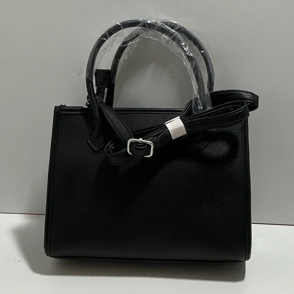 French Connection Womens Black Pebbled Faux Leather Satchel Crossbody Bag